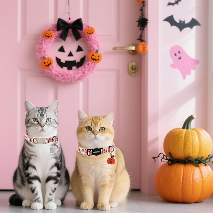 2 Pack Fall Cat Collars Breakaway with Bell, DOGWONG Safety Buckle Fall Halloween Ghost Cute Cat Collar for Girl Boy Cats，Adjustable 7-12 Inch