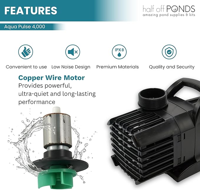 HALF OFF PONDS Submersible Water Pump, 4,000 GPH Pond Pump with 33FT Power Cord and 21FT Max Head, 276W Ultra Quiet Energy Efficient Pump for Koi Pond, Fountain, Waterfall, Water Garden, Skimmer