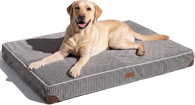 FUKUMARU Dog Bed, Thickened Corduroy Orthopedic Dog Beds with Washable Cover, Large Waterproof Dogs Bed for Crate, 28D Egg Crate Foam Support Pet Mat, Cozy Pet Bed Pad with Anti-Slip Bottom, Grey