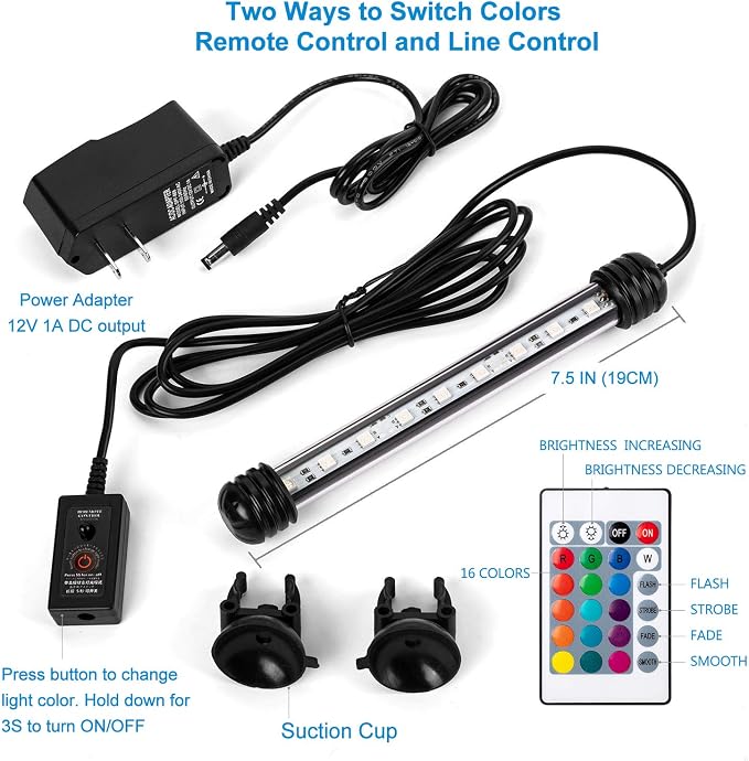 7.5" Color Changing LED Fish Tank Aquarium Submersible Light with Remote/Colored Aquarium LED Tank Lights Fixture for Underwater Decorations, Plant Grow, Saltwater Freshwater Fish, KR5007