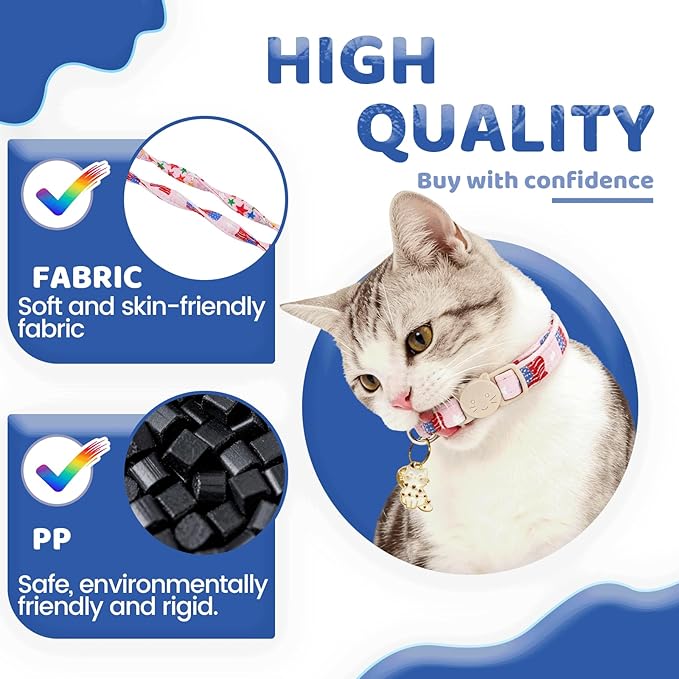 Elegant little tail Independence Cat Collar- 2 Pack Flag Print Cotton Breakaway Cat Collars with Bell Pendant Kitten Boy Girl Safety Adjustable Collar for Small Cats Puppy