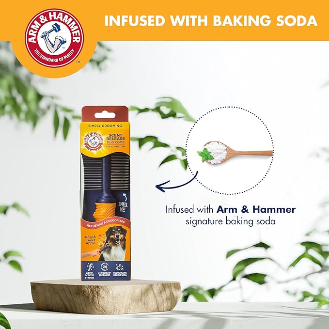 Arm & Hammer Deodorizing Dog Grooming Comb, Fragrance Transfer Technology with Baking Soda, Fine & Standard Teeth for Detangling & Flea Removal, Dematting Tool for Dogs, Sweet Apple & Rose Scent