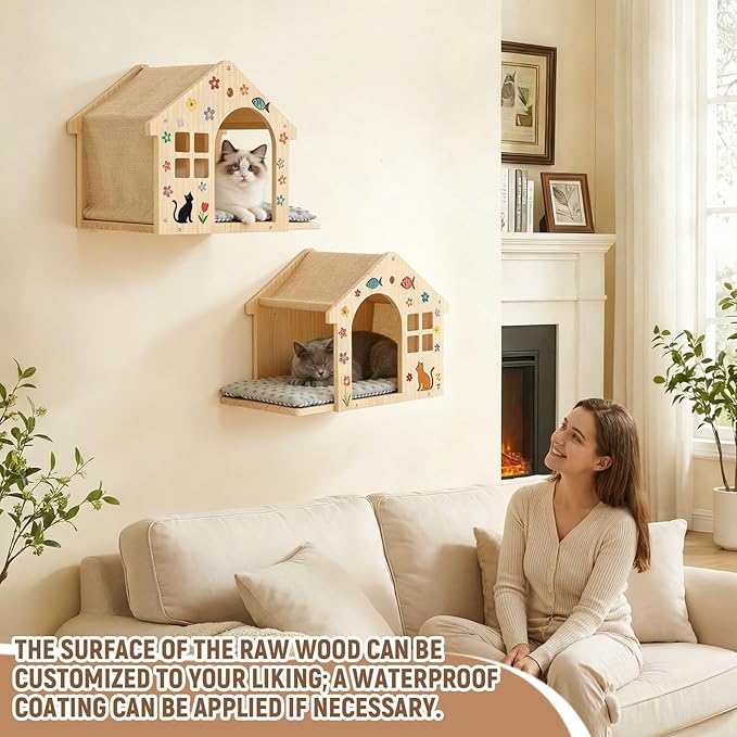 2 Pack Solid Wood Cat Wall Shelves, Wall-Mounted Box Condo House Perches with Washable Cushions, Stable Design for Small to Medium Cats, Space Saving Furniture