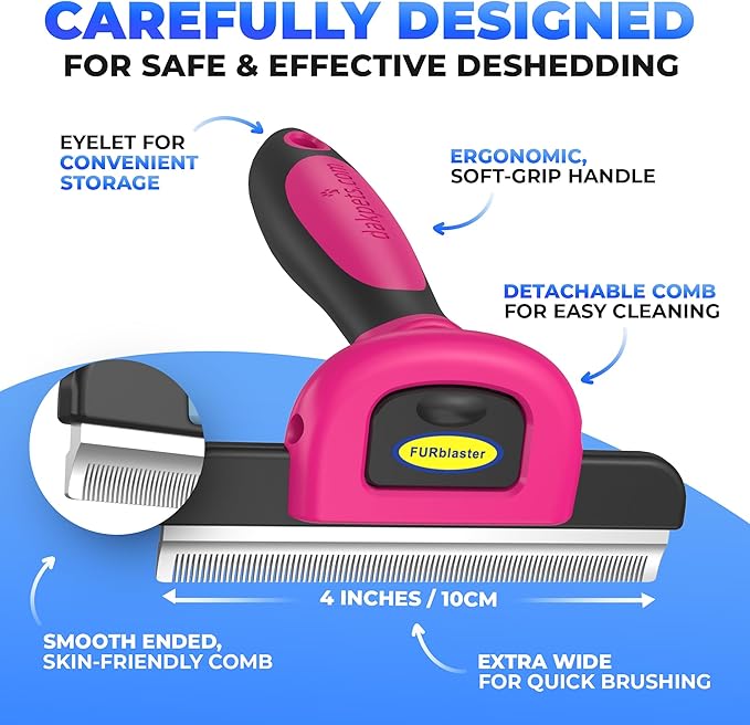 DakPets Stainless Steel Pet Deshedding Tool - Grooming Brush for Cats and Dogs, Removes Trapped Hair, Reduces Shedding by Up to 95%, All Hair Types, Includes Protective Blade Cover, Pink, 4 inches