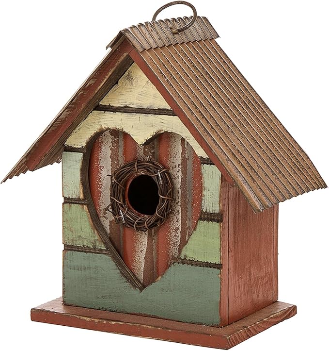 Glitzhome Bird House for Outdoor, 8.75" H Decorative Pet Cottage Distressed Heart Garden Wooden Birdhouse for Outside, Hanging Birdhouse for Bluebird Hummingbird Wren Finch Cardinals Cedar