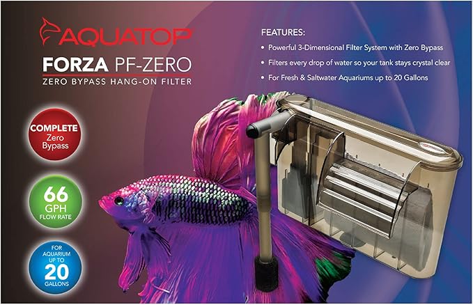 Aquatop Forza 66 GPH Zero Bypass Hang On Filter - for 20 Gallon Tanks, Great for Salt & Freshwater Tanks, Keeps Water Crystal Clear, Prefiltered Water Intake, Aquarium Filter, PF-Zero