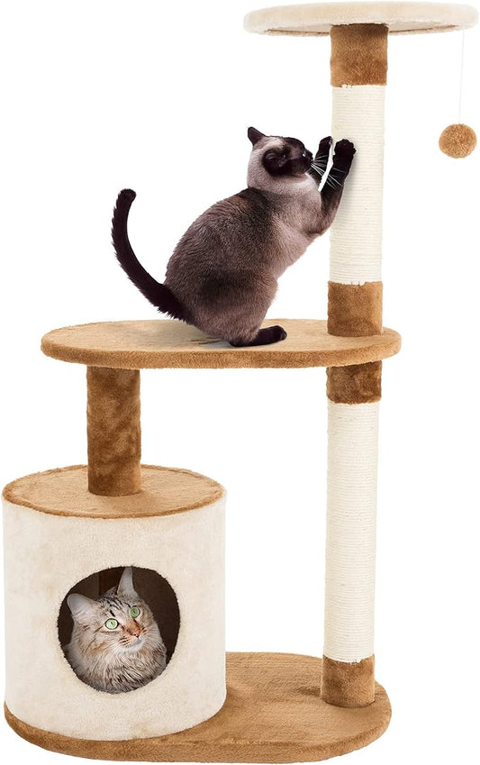 PETMAKER Cat Tree Condo 3 Tier with Condo and Scratching Posts, 37.5", Brown and Tan