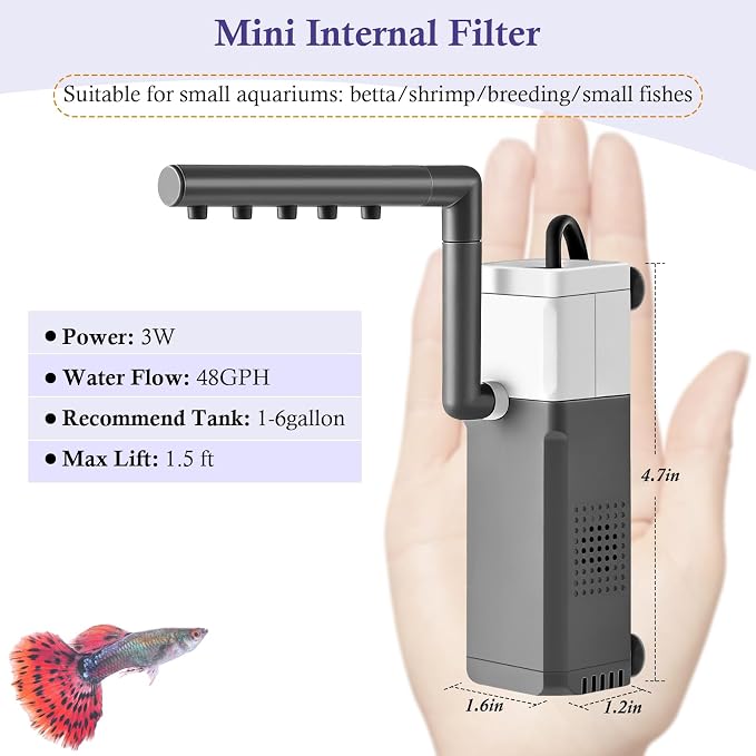 3W Mini Fish Tank Filter, 48GPH Quiet Aquarium Internal Filter 3-in-1 Submersible Fish Tank Filter Pump for 1-6Gal Betta/Fry/Shrimp Tanks