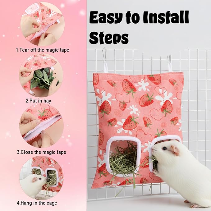 2pcs Bunny Hay Bag, 2-Hole Rabbit Hay Bags, 13.78 X 9.45in Hay Bag for Guinea Pigs, Hanging Guinea Pig Hay Holder for Guineas Pigs Bunny, Small Pets (Pink Strawberry)