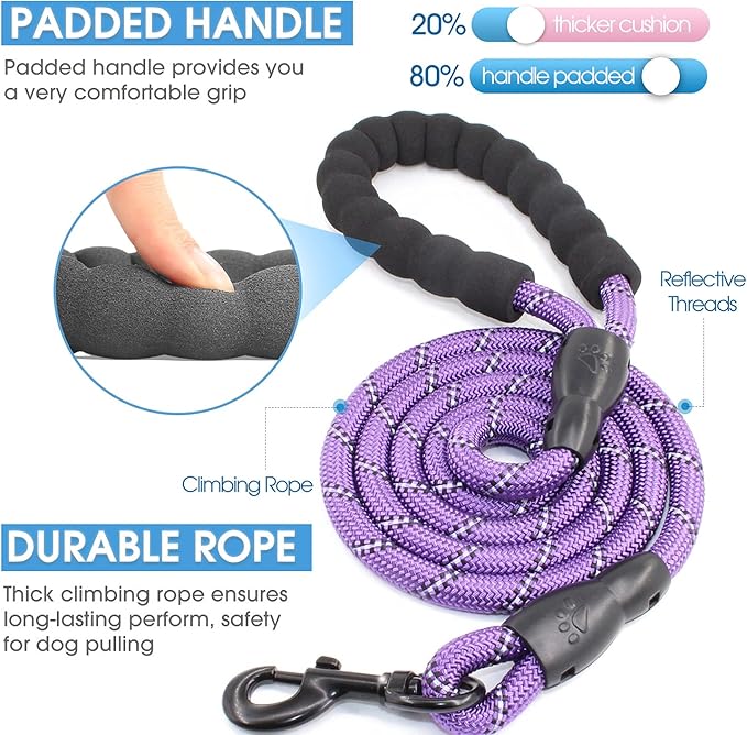 BAAPET 2/4/5/6 FT Dog Leash with Comfortable Padded Handle and Highly Reflective Threads for Small Medium and Large Dogs (5FT-1/2'', Purple)