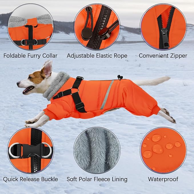 BRKURLEG Small Dog Winter Coat with Harness Built in, Orange Winter Dogs Jackets, Fullbody Dog Coat, Dogs Snowsuits Reflective Windproof Cold Weather Coats, Pet Warm Fleece Coats, XXL