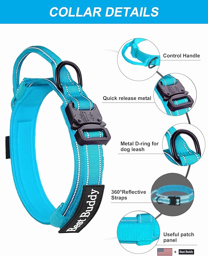 AUBELL Tactical Dog Collar and Leash Set, Reflective Adjustable Heavy Duty Military K9 Collars with Handle and Metal Buckle for Extra Large Dogs, with Airtag Case and 2 Patches(Blue,XL)