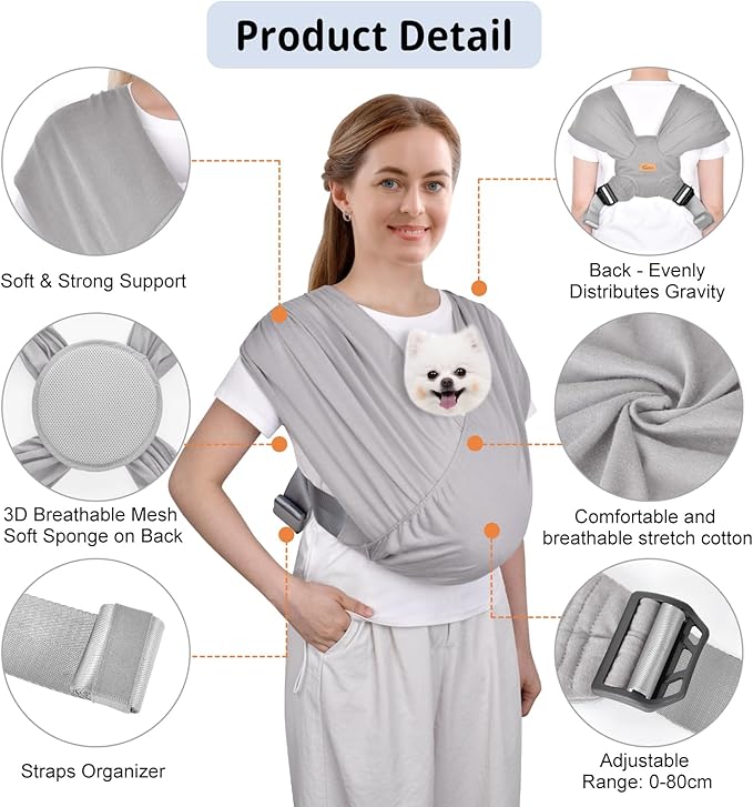 CUBY Swaddle Dog Sling Carrier for Small Dogs, Front Pet Sling Carrier Chest,Hands Free Adjustable Cat Sling Carrier Soft Cotton Reducing Pain Puppy Sling Carrier for Small Pet Up to 10lb (Light Gray)