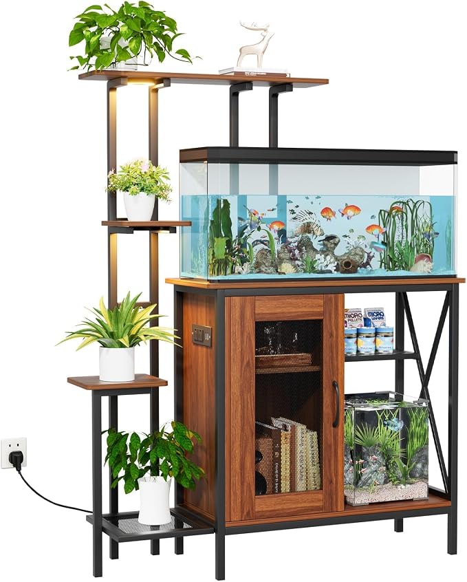 20-29 Gallon Fish Tank Stand with Plant Shelf, 2-in-1 Walnut Aquarium Stand | Built-in Power Outlet, Full Spectrum LED Grow Light, Adjustable Storage Shelves, Stable Metal Frame for Home Use