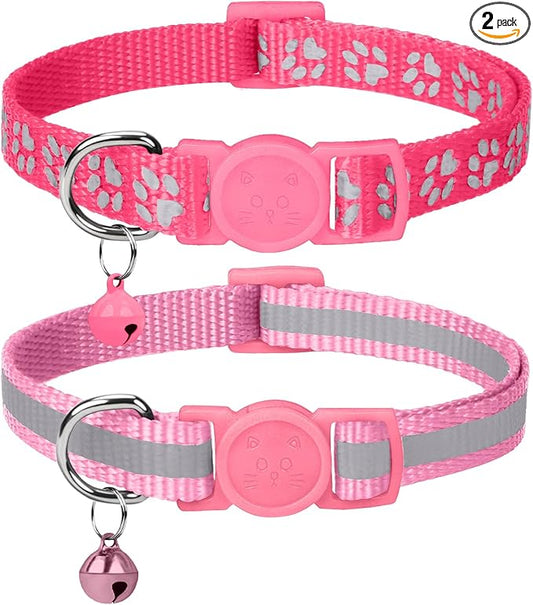 Taglory Reflective Cat Collar Breakaway with Bell, High Visibility Night Strip, Lightweight Adjustable Nylon Collar for Boy Girl Cats, 2 Pack, 7.5-12.5 Inch, Pink