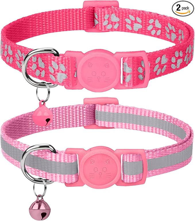 Taglory Kitten Collar Breakaway with Bell, Reflective Soft Cat Collar for Small Kittens, Adjustable 6-8 Inch High Visibility Night Strip, Lightweight for 2-6 Months Baby Cats, 2 Pack, Pink