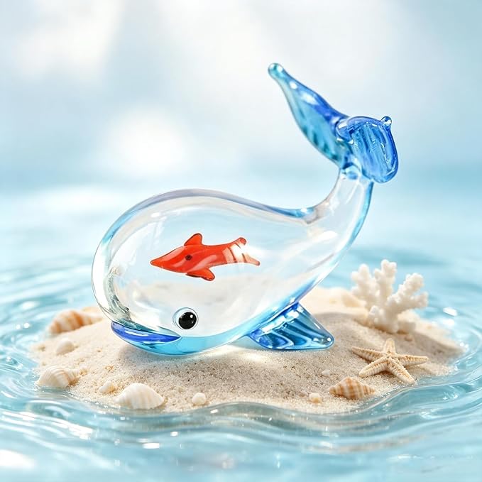 Miniature Glass Goldfish Decor Lucky Bag Fish Desktop Ornaments Cute Bubble Figurine Decorative Cartoon Aquarium Fish Statue Gift for Seaworld Ocean Lover (Whale)