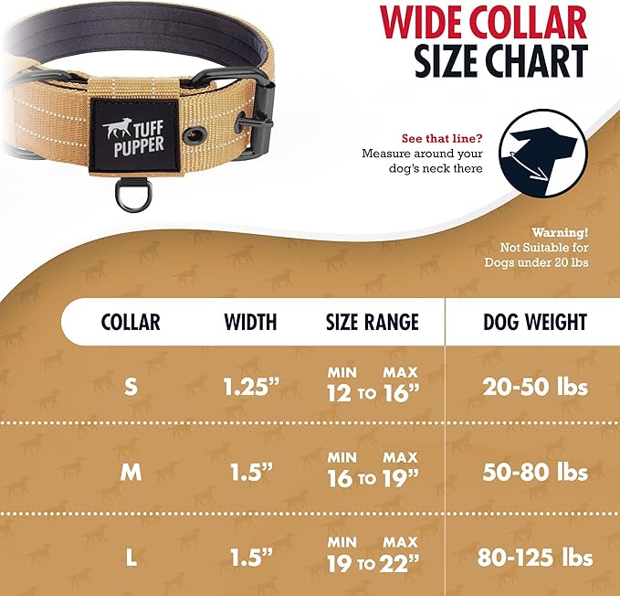 Tuff Pupper Heavy Duty Tactical Dog Collar | 1.5" Wide Ballistic Nylon | Reflective Stitching | Integrated ID Tag Holder | Stainless Steel Buckle | Padded Lining | Medium & Large Dogs (Tan, Large)