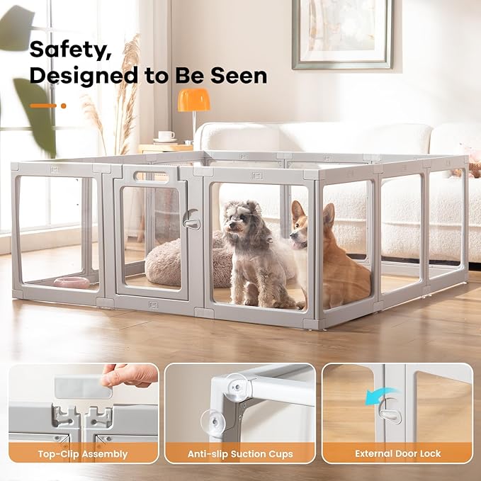 Clear Acrylic Dog Playpen Indoor, Puppy Cat Small Pet Play Pen, Pet Cat Playpen for Rabbits, Dog Fence Crate Kennel Whelping Cage (Grey, 8 Panel)