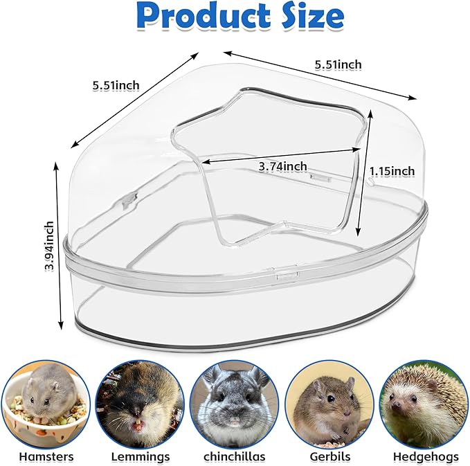 PINVNBY Large Hamster Sand Bath Container Chinchilla Dust Bathroom Small Animal Bathtub Transparent Gerbil Litter Box with Spoon for Dwarf & Syrian Mice Lemming (Star-Shaped Opening)