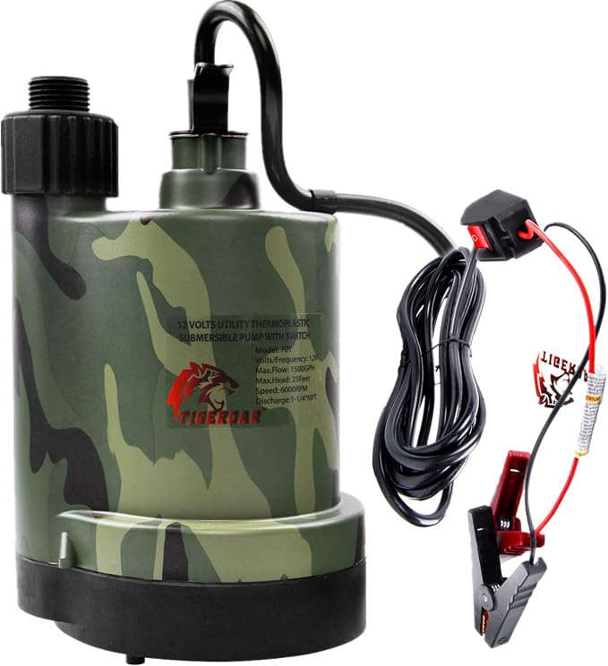 TIGEROAR 12V Submersible Pump 1500 GPH Water Transfer Pump for Pool Pond | 20 ft. Cord Electric Pump Anticorrosive Plastic Housing Hose Adapter for Utility Pump Transferring Water
