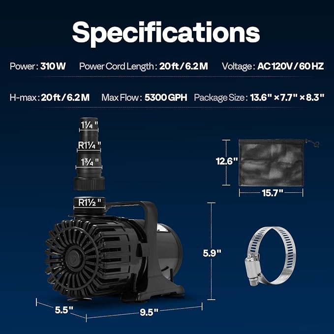 VIVOHOME 310W 5300GPH Submersible Water Pump with Barrier Bag for Koi Pond | 20ft Max Lift, 180° Seamless Adjustable Nozzle, 20ft Power Cord, IPX8 Waterproof