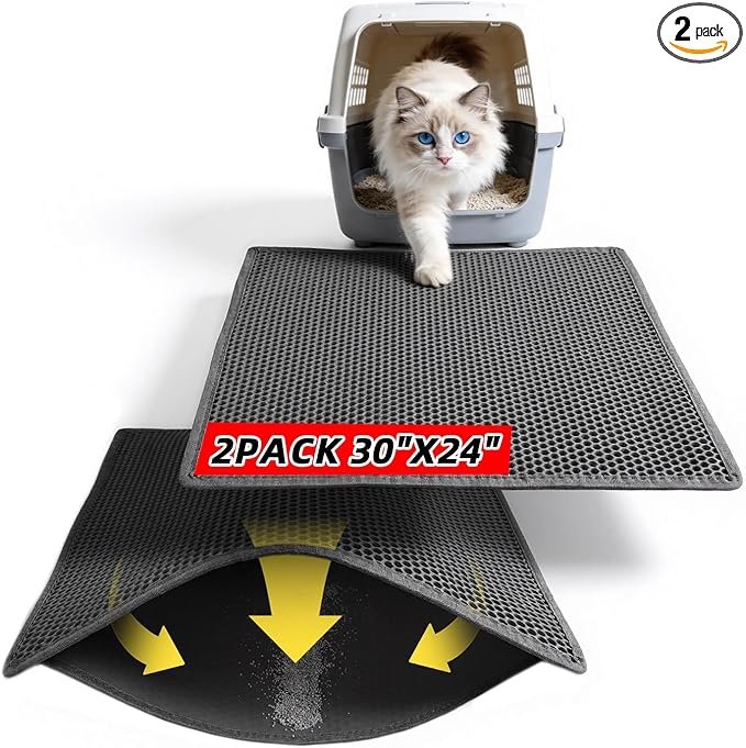Cat Litter Mat, 30"X24" Large Double Layer Litter Trapping Mat, Waterproof/Urineproof, Easy to Clean Kitty Litter Mats for Floor, Scatter Control (Black-2Pack)