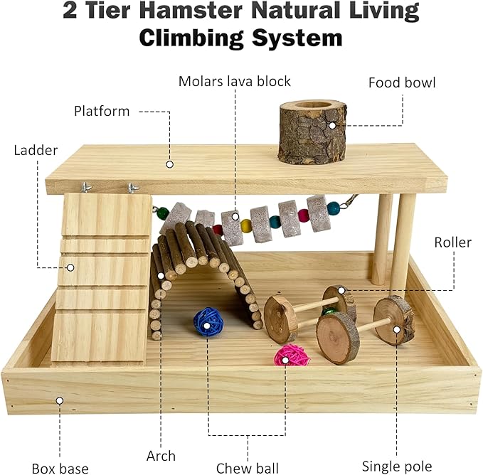 Hamiledyi Dwarf Hamster Activity Playground Mice Living Gym System Set Natural Wood Gerbil Climbing Platform Syrian Exercise Cage Accessories with Lava Stone String Chewing Toy Ladder Bridge Ramp
