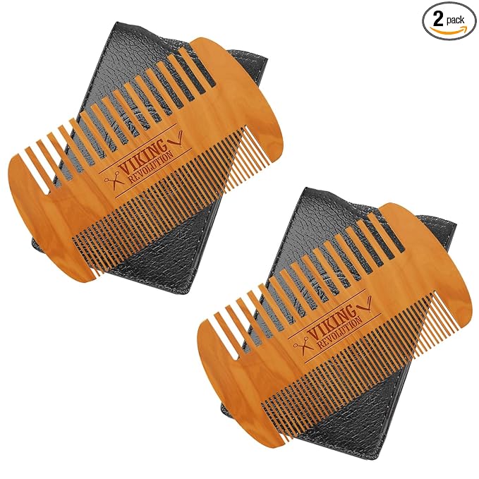 Viking Revolution Wooden Beard Comb & Case, Dual Action Fine & Coarse Teeth, Perfect for use with Balms and Oils, Top Pocket Comb for Beards & Mustaches (2 Pack)