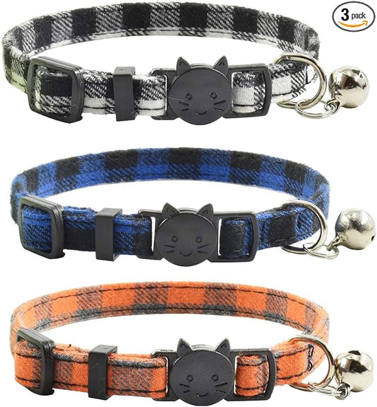 Breakaway cat Collars with Bell, Set of 3, Durable & Safe Cute Kitten Collars Safety Adjustable Kitty Collar for Cat Puppy 7.5-11in (Black,Blue,Orange)