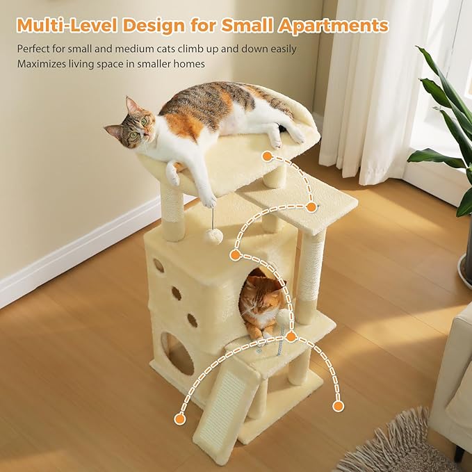 PETEPELA Cat Tree for Indoor Cats, 34.6" Small Cat Tower with Scratching Posts, 2 Condos, Scratching Ramp & Dangling Toys, Cat Play House for Multi-Cat Households, Beige