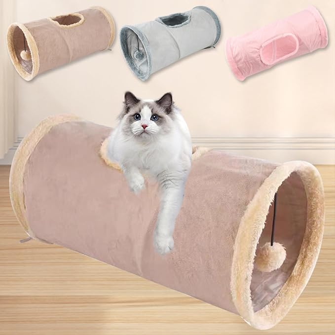 Cat Tunnel,Indoor Cat Play Tube Toys with Play Ball,Durable Collapsible Rabbit Hideaway Tunnel for Kitten,Bunny, Guinea Pig, Rat, Hamster, Ferret, Chinchilla (Pink)