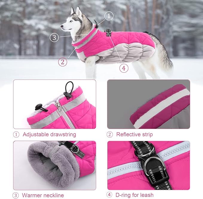 Lelepet Dog Coat Warm Dog Winter Coat Waterproof Dogs Jacket with Harness Built in Reflective Pet Fleece Vest Zip-Up Cold Weather Coats for Large Dogs Turtleneck & Windproof Coats Boxer Rose Red XL
