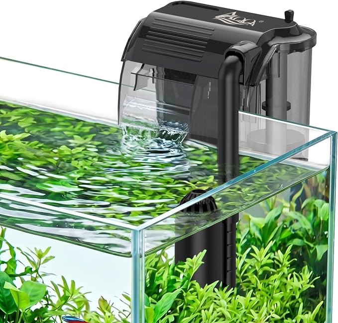 AQQA Aquarium Hang on Back Filter Whisper Fish Tank HOB Filter | Adjustable Flow, Multi-Stage Filtration with Surface Skimmer & Sponge Guard for Small Fish Tanks 4-21 Gallon (3W, 80GPH)