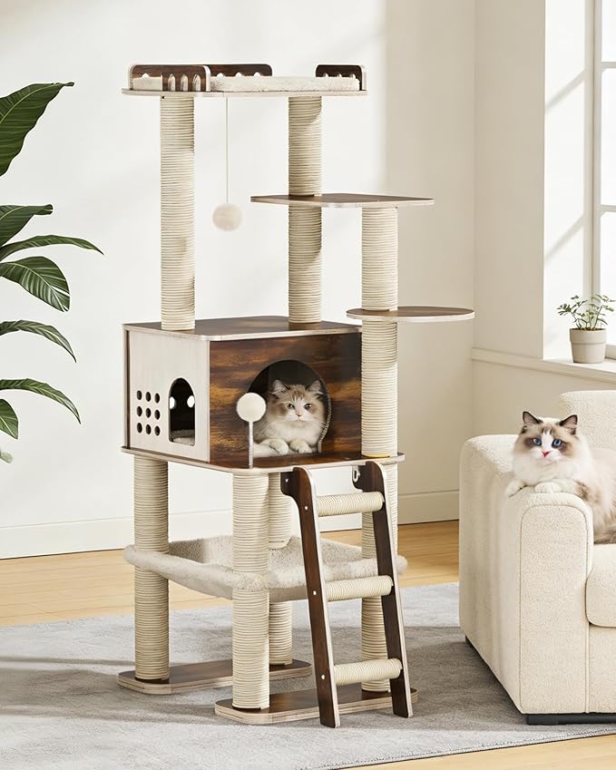 Modern Cat Tower, 60.3 Inches Multi-Level Cat Tree with Dark Wood-Look Panels, Sisal Scratching Posts, Hammock & Plush Perch, Safe for Kittens to Adult Cats