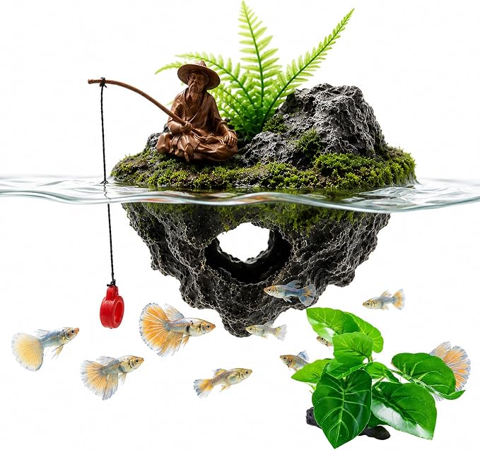 Aquarium Floating Island Decoration, Ornaments Betta Leaf pad Hammock 6inch Plastic Artificial Plant Goldfish Fish Hides Small Tank/Reptiles Plants Driftwood for Betta, Guppy & Shrimp