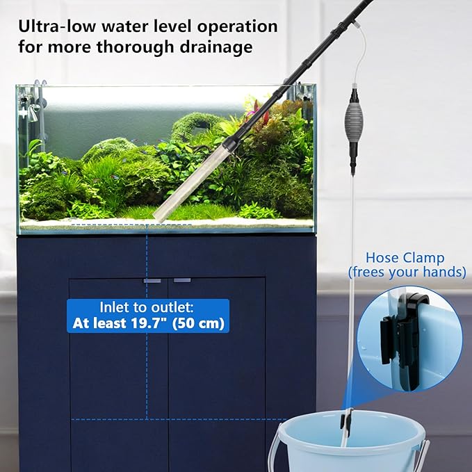 AQQA Gravel Vacuum for Aquarium Siphon - Adjustable Flow Fish Tank Cleaner with Handle, Manual Siphon Pump Water Changer Sand Rock Suction Cleaner, Upgraded Hard Hose with Threaded Connection (L)