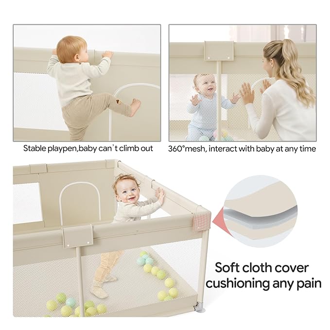 Fodoss Baby Playpen, 59×69in Beige Playpen for Babies and Toddlers, Play Pen for Apartment, Kids Activity Fence, Baby Playard with All-Side Mesh, Pull Rings