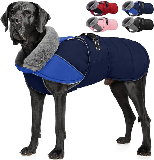 Nanaki Large Dog Coat Rainproof-Warm Giant Breed Dog Jacket With Leash Hole, Fleece Lining Reflective Great Dane Winter Coat Doberman Jacket For Cold Weather Outdoor Walking Hunting, Camping, Blue 3XL