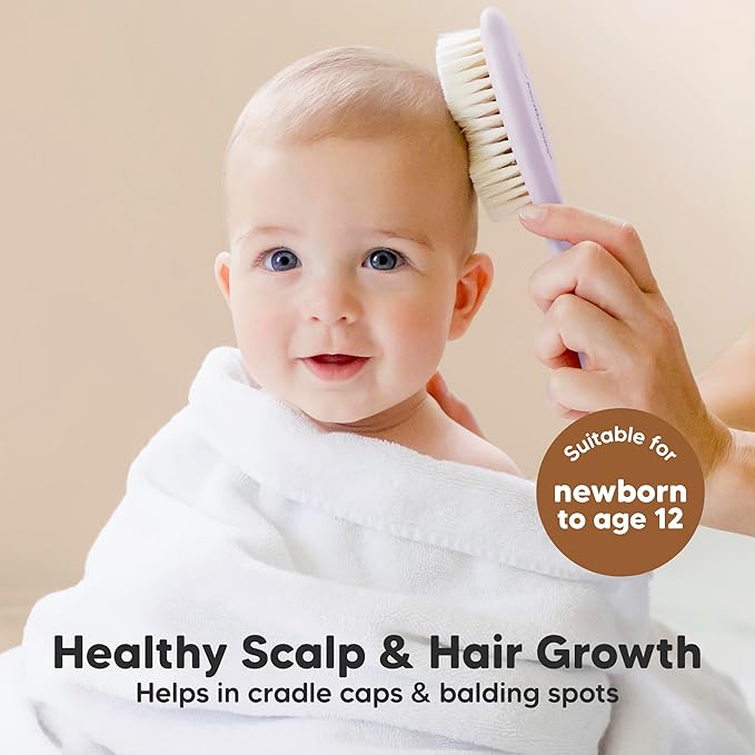 Baby Hair Brush Set for Newborns - Soft Goat Bristle Wooden Baby Brush and Comb Set Newborn Grooming Kit for Cradle Cap, Durable & Gentle, Boy, Girl Infant Essentials Care Kit (Regular, Thistle)