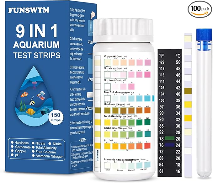 Aquarium Test Strips for Fish Tank: 9 in 1 Aquarium Water Test Kit for Freshwater - 150ct Fish Test Strips Testing Ammonia pH Nitrate Chlorine Nitrite Hardness Alkalinity Copper