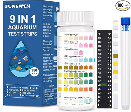 Aquarium Test Strips for Fish Tank: 9 in 1 Aquarium Water Test Kit for Freshwater - 150ct Fish Test Strips Testing Ammonia pH Nitrate Chlorine Nitrite Hardness Alkalinity Copper