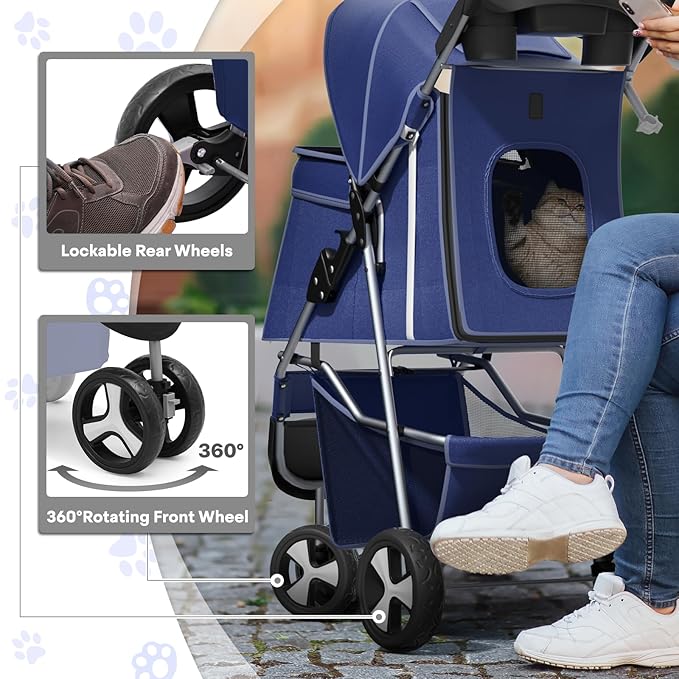 Pet Stroller for Small Dogs 10 lbs, Dog Stroller for Medium Dogs 30 lbs, Cat Strollers for 2 Cats, 3 Wheels Foldable Jogger Puppy Stroller with Storage Basket and Cup Holder, Navy Blue