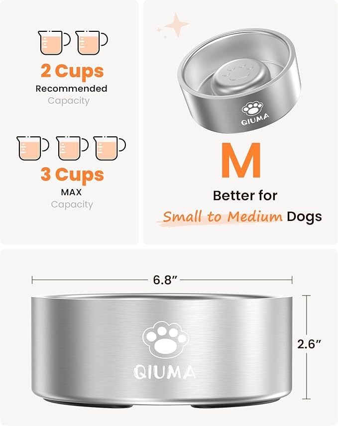 Qiuma Slow Feeder Dog Bowls Stainless Steel, Food-Grade 304 Dog Slow Feeder Bowl 2 Cups Capacity, Heavy Duty Double-Layer with Non-Slip Base, Pet Puzzle Bowl for Small & Medium Dogs (Silver)