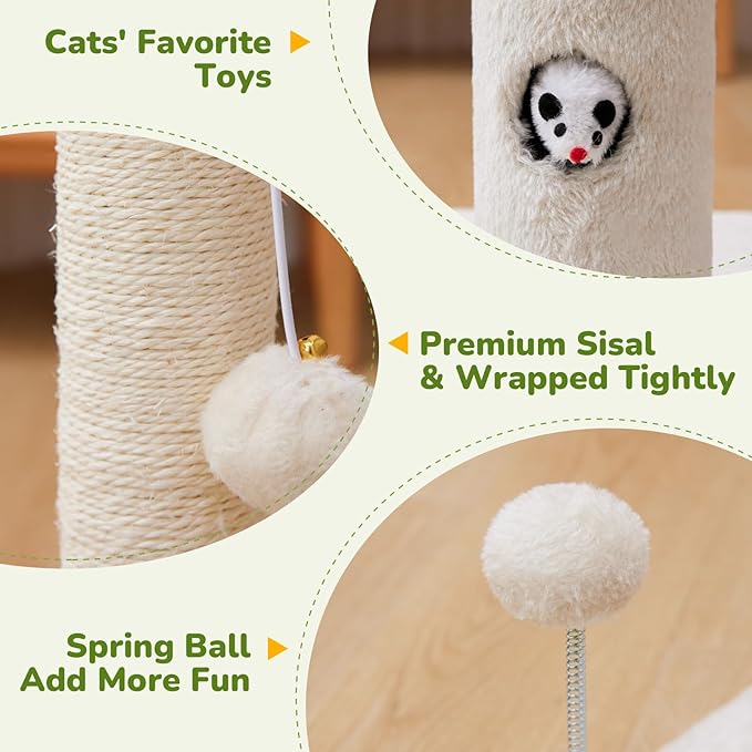 Woochpet Cat Scratching Posts 33" for Adults Cats, Cat Scratcher with Soft Fabric Covering Base and Durable Sisal Rope, Scratcher with Fun Mouse Hole and Cat Toy for Tall Cats (White)