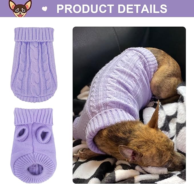 2 Pack Dog Sweaters for Small Dogs, Chihuahua Yorkie Sweater, Puppy Clothes Winter Warm Pullover Clothing, Pet Cat Cold Weather Puppy Cold Outfits (Beige+Purple Large)
