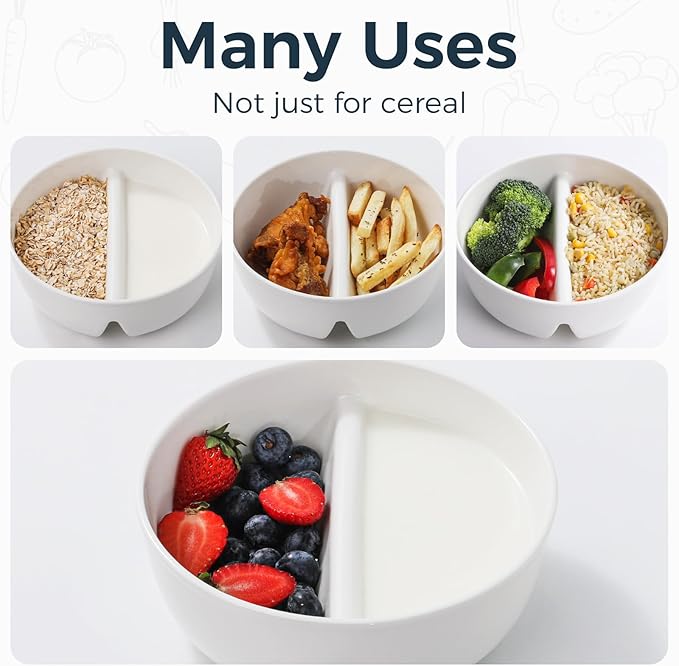 Anti-Soggy Cereal Bowl Set of 2, 6.7 Inch Divided Ceramic Bowls for Cereal and Milk, Chip and Dip Bowl, Soup and Sandwich Plate Combo, Stackable Snack Serving Bowl for Kids Adults, White