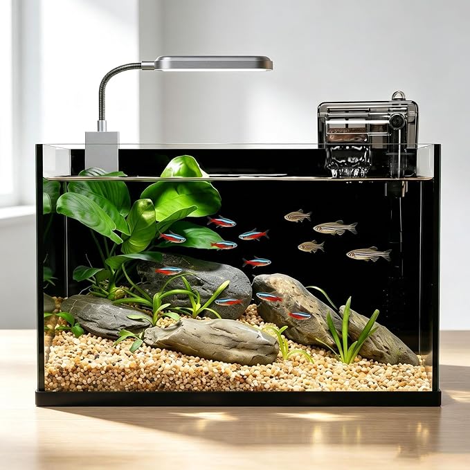 2.8 Gallon Aquarium Starter Kits, Small Fish Tank with Light and Waterfall Filter Pump, Suitable for Small Fish, Shrimp, or Betta Fish Tank