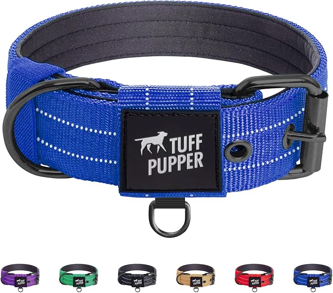 Tuff Pupper Heavy Duty Tactical Dog Collar | 1.25" Wide Ballistic Nylon | Reflective Stitching | Integrated ID Tag Holder | Stainless Steel Buckle | Padded Lining | Small & Medium Dogs (Blue, Small)