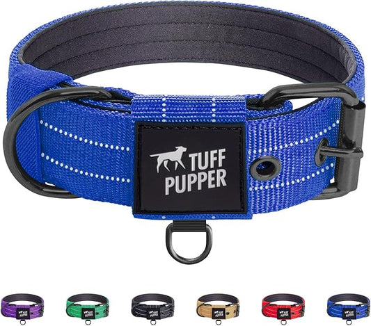 Tuff Pupper Heavy Duty Tactical Dog Collar | 1.5" Wide Ballistic Nylon | Reflective Stitching | Integrated ID Tag Holder | Stainless Steel Buckle | Padded Lining | Medium & Large Dogs (Blue, Medium)